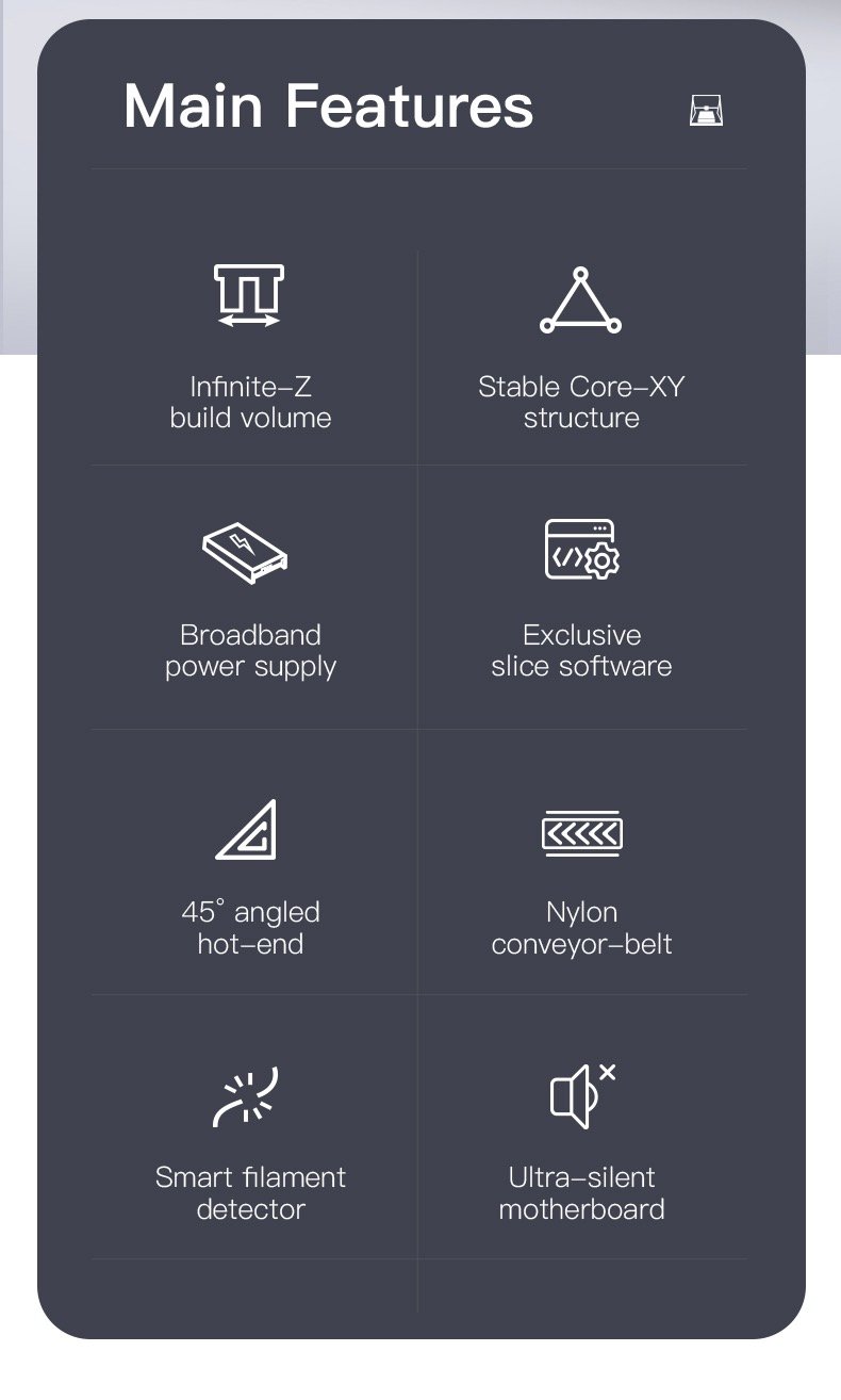 Features of the belt 3D printer CR-30